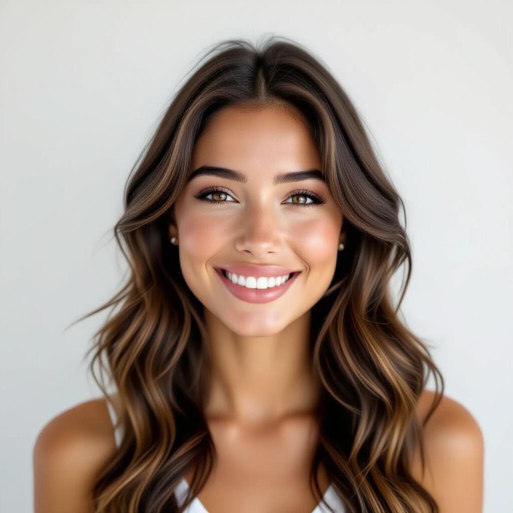 A woman with long brown hair smiles at the camera. She has brown eyes and a radiant smile. The background is neutral. The focus is on her cheerful expression.