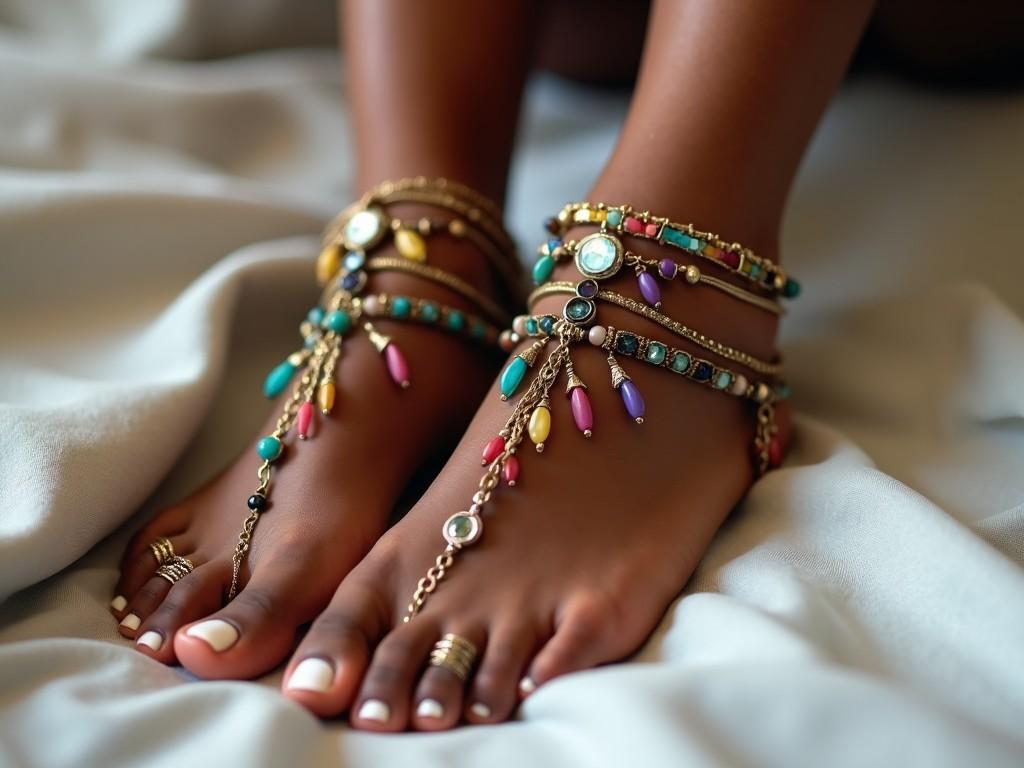 This image showcases a close-up view of a dark skin woman's feet adorned with a selection of bohemian anklets and rings. Each piece is rich in color and embellished with vibrant gemstones, capturing attention. The soft light-colored fabric underneath creates a serene backdrop that complements the intricate details of the jewelry. The toenails are naturally manicured, adding a touch of elegance to the overall presentation. This composition beautifully merges fashion with artistry, inviting viewers to admire the personal expression evident in the accessories.