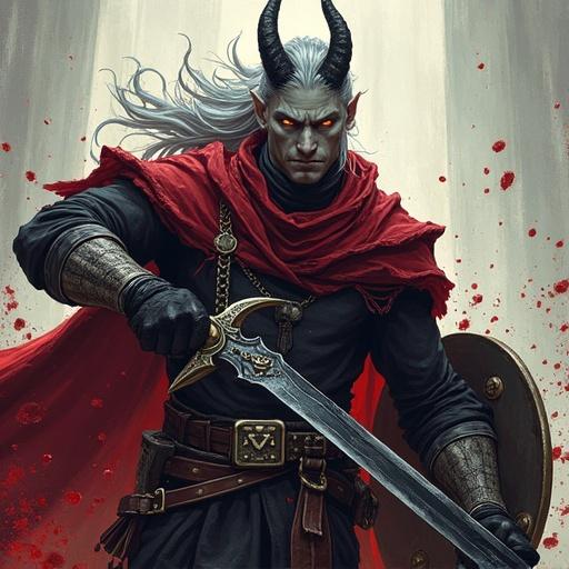 Tall imposing male tiefling mid-swing with black longsword. Ash-gray skin amber glowing eyes. Long silver hair in high ponytail sleek black curved horns. Wearing chainmail shirt red cloak shield on back. Blood splashing around dynamic action pose. Cinematic lighting comic book style stylized comic textures cel-shading bold outlines stylized shadows graphic novel Borderlands inspired.