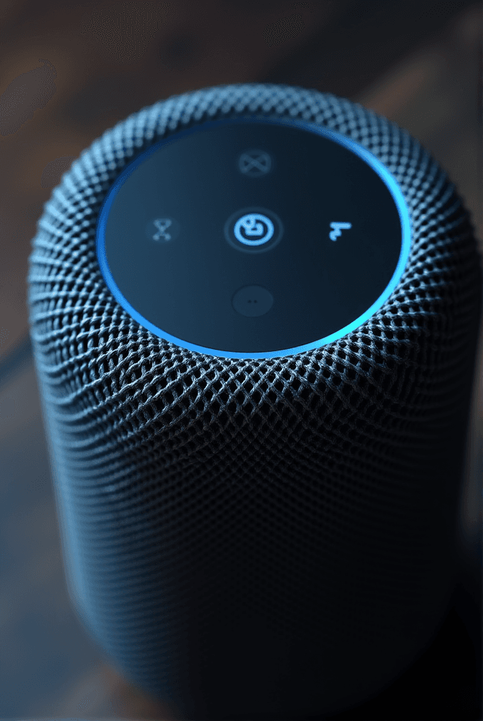 A cylindrical smart speaker with a textured grey mesh exterior and a black top featuring illuminated touch controls, set against a blurred background.