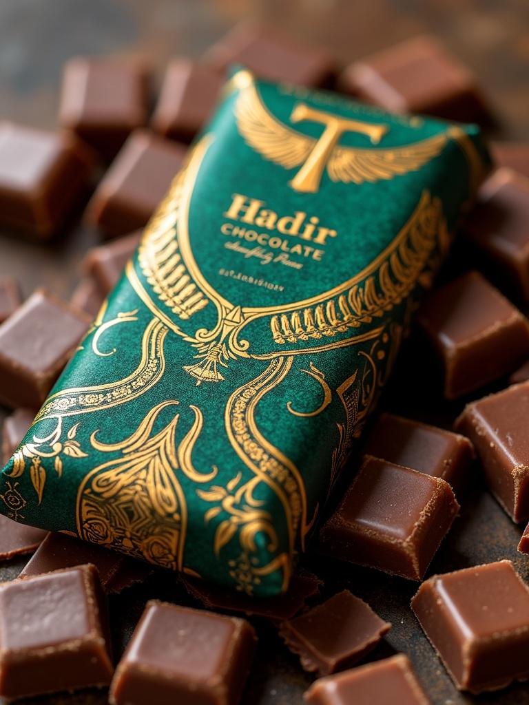 Luxurious chocolate cover design with ancient Egyptian influences. The colors used are emerald green brown mauve aubergine gold and silver. The design looks appealing like an advertisement. The logo features a winged letter T. The product name is Hadir Chocolate.