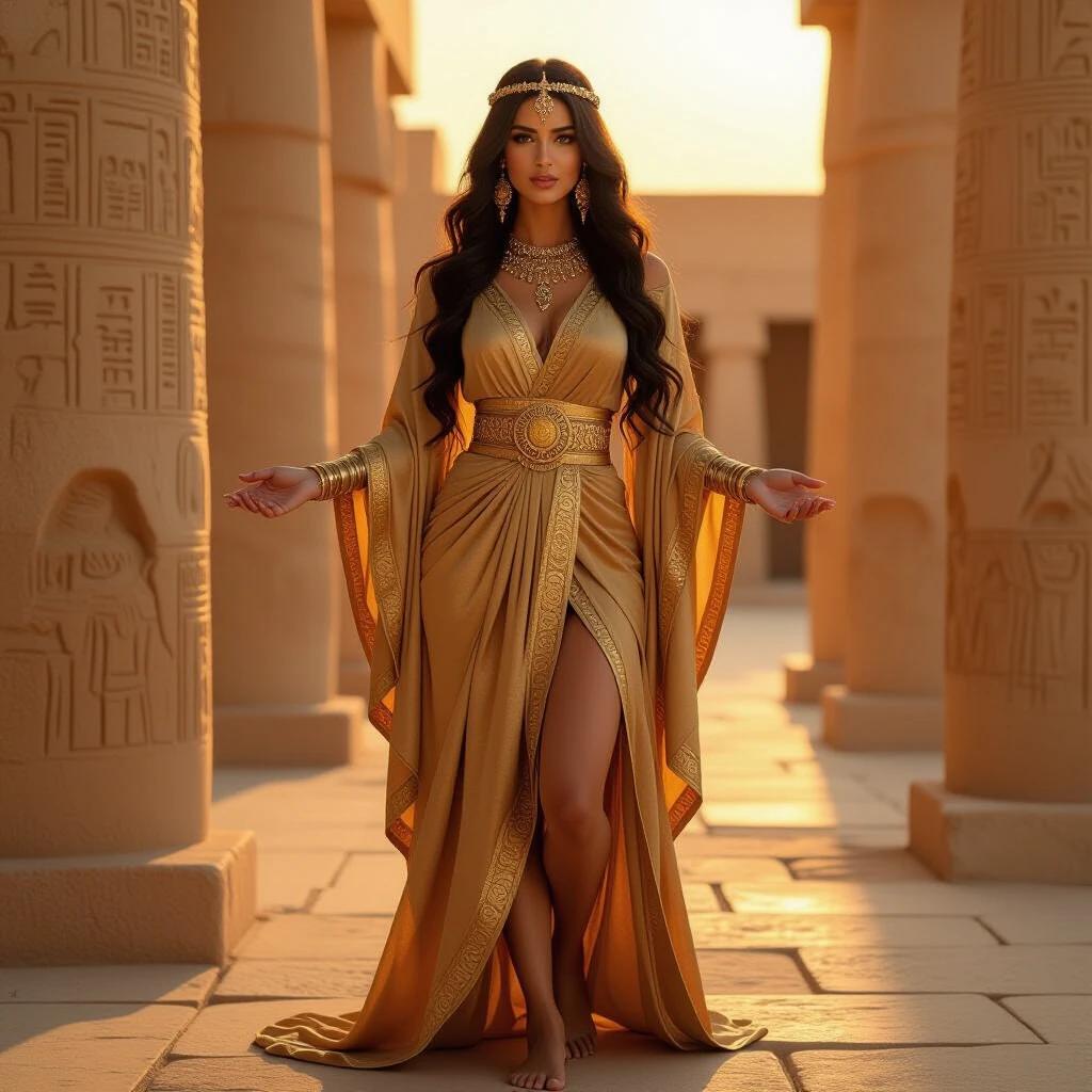 Full-body portrait of a Mesopotamian priestess. Ornate gold-belted robe and jewelry. Bare feet and flowing garments. Set near a Babylonian temple with ancient stone columns. Captures warm sunset light. Low angle perspective.