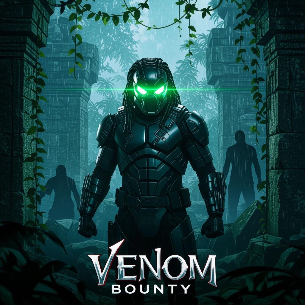 Rami Malek in high-tech stealth armor hunting a mutant. Glowing green visor scans jungle ruins. Vines cover ancient stones. Shadowy figure appears in the background. Light rain falls. Predator-mode thermal interface around his head.
