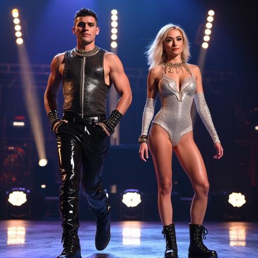 A bold stage costume inspired by pop stars. For males: metallic pants or black leather trousers with a sleeveless studded top and arm cuffs. For females: sequined leotards with asymmetrical cuts in silver or black tones. Suitable for high-energy dance routines.