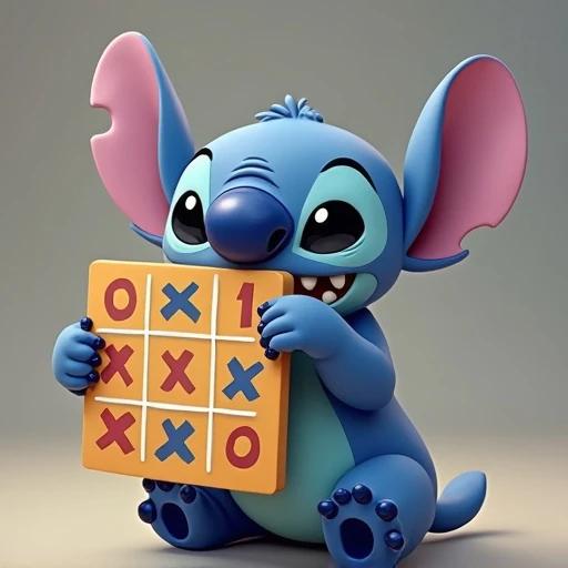 Stitch character holds a Tic-tac-toe board in front of him. The character is blue with sticky-out ears and a big happy smile. The board is empty and features a classic grid with Xs and Os.