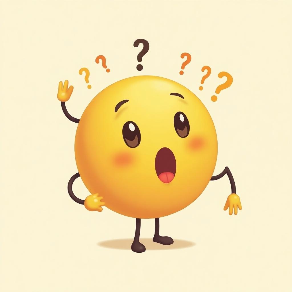 This image features a cartoon-style emoji character that looks surprised and curious. The emoji has a bright yellow circular face with large, expressive eyes and blush marks on its cheeks. It has one arm raised, suggesting a questioning pose, and there are multiple question marks floating around its head. The character is standing on two stick-like legs. The background is a soft cream color, enhancing the cheerful nature of the emoji. Overall, the image conveys a playful and inquisitive feeling, making it suitable for various lighthearted contexts.