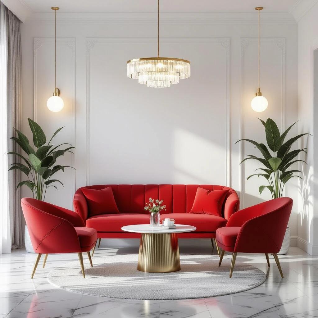 Decorated living space with luxury wall decor. Central red sofa with a modern small table. Ultra-realistic high quality with sofas spaced out.
