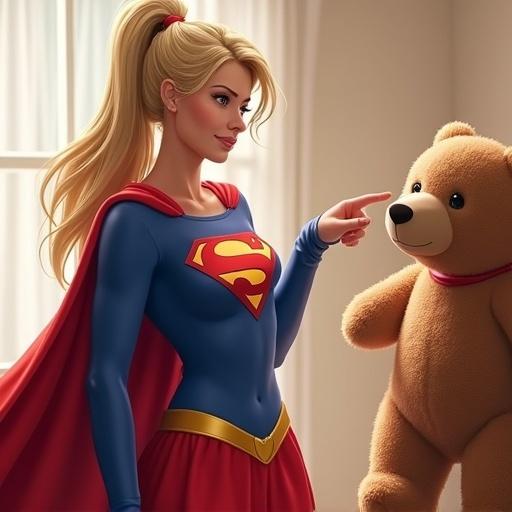 Tall athletic woman with blonde hair in a ponytail. Red and blue superhero costume with cape. Eyes sparkling with joy. Pointing at a teddy bear.