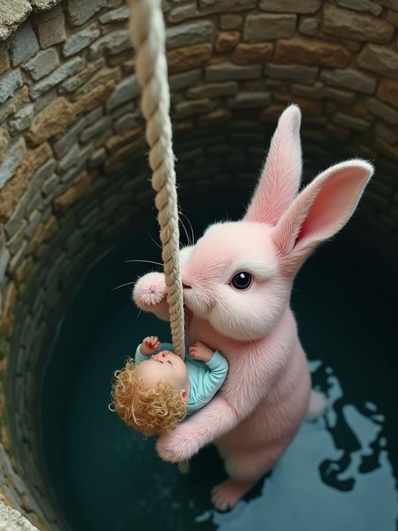 A large pink rabbit in an old stone well. The rabbit pulls a thick rope to lift itself out of the well. The rabbit holds a baby in a light blue onesie with curly blonde hair. The baby is calm in the rabbit's grip. The scene is captured from above. The rabbit looks up towards the sky during the ascent. The mood conveys rescue and companionship. The image is realistic.