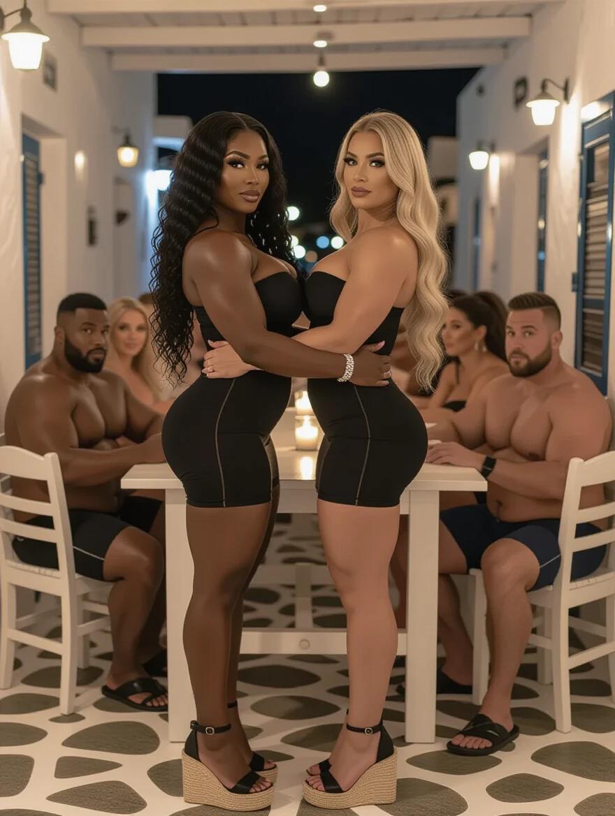 Two bodybuilder women embrace each other. One has black curly hair and darker skin. The other has blonde wavy hair and lighter skin. Both wear tight strapless black dresses and platform heels. They stand in a Mykonos tavern at night with a lively atmosphere. A group of people is seated at the table behind them.