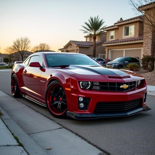 Custom 2010 Chevy Camaro parked on a residential street in the evening