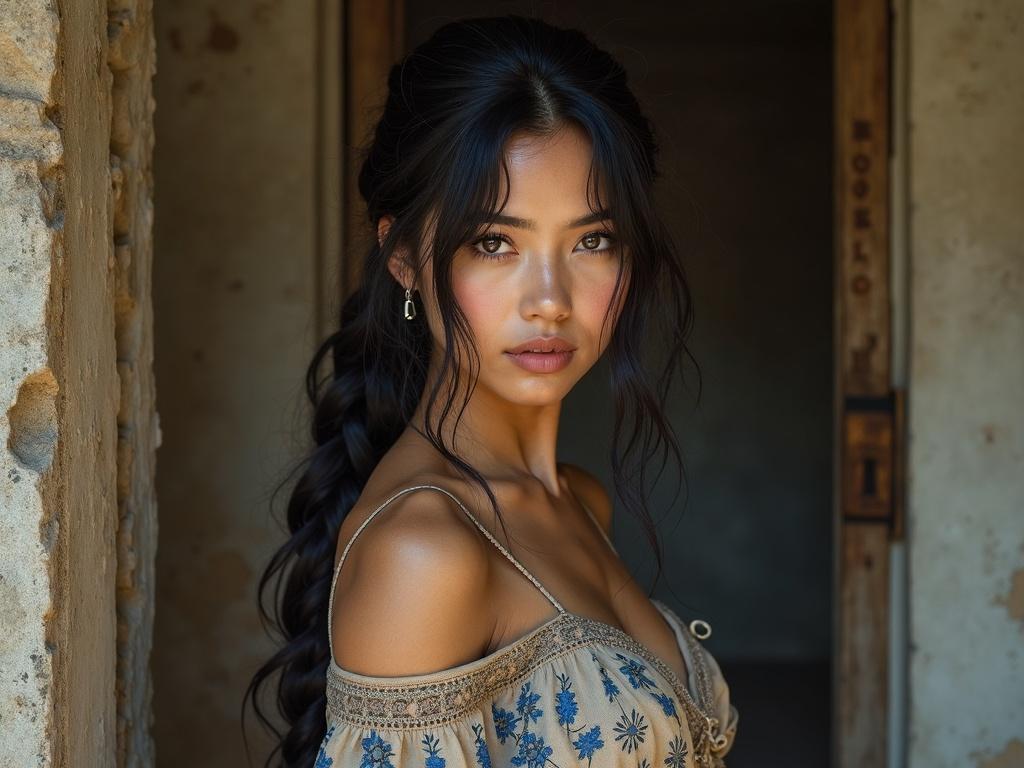 A young woman with a lean athletic build wearing an embroidered dress. She has long black hair styled in a braid, with an ornate blue pattern on her skin. She looks to the side with a warm and wise expression in her brown eyes.