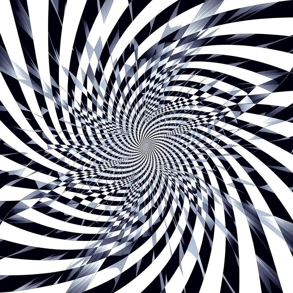 Hypnotic digital artwork features concentric circles and radiating lines. It creates powerful optical illusion of infinite depth and rotation. Black and white geometric patterns appear to pulse and move. Central vanishing point with forward movement effect. Mathematically precise patterns enhance optical effects. High contrast colors maintain visual stimulation. Viewing evokes a sense of rotation and depth.