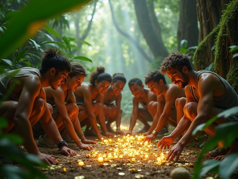 A hyperrealistic scene of seven young adults crouching in a jungle. They are carefully picking up glowing diamonds, gold coins, and ancient artifacts. Treasures are buried under leaves, moss, and roots. Sunlight pierces the canopy, making gems sparkle. Their faces show awe and disbelief. The scene is filled with vibrant plants and textured bark, enhanced by cinematic lighting.