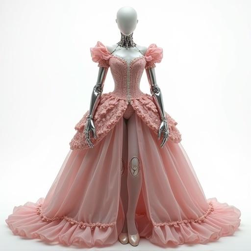 Cinematic portrait of a faceless android ballerina. Sleek silver limbs with exposed joint wiring. Complex circuitry fused with skin. Posing gracefully in regal pink attire with an intricate ruffled collar, embroidered velvet doublet, silk hose, and gold-trimmed cloak. White background.