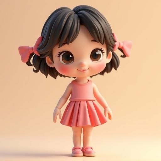 Chibi girl character wearing a pleated skirt created in Pixar style. Cute design with big eyes, hair styled with bows. Posited in a friendly pose.