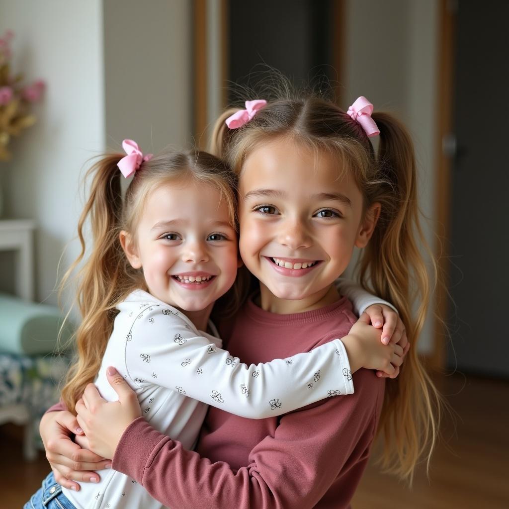 An adorable little girl receives a big hug from a teen boy. She has ribbons in her long wavy blond pigtails. The setting is a cozy indoor space filled with warmth.