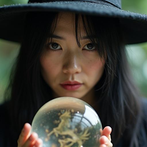 Closeup shot of a female witch with a crystal ball. Subject appears mysterious and magical. Theme relates to horoscopes and otherworldly elements. The model wears a black hat and has long black hair.