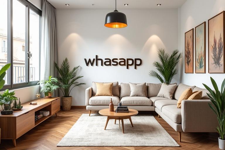 Unique beautiful environment of a real estate agency. Attractive decoration with a stylish couch and coffee table. Large windows that let in natural light. Beautiful decor elements include plants and wall art. Whasapp in a large font on the wall.