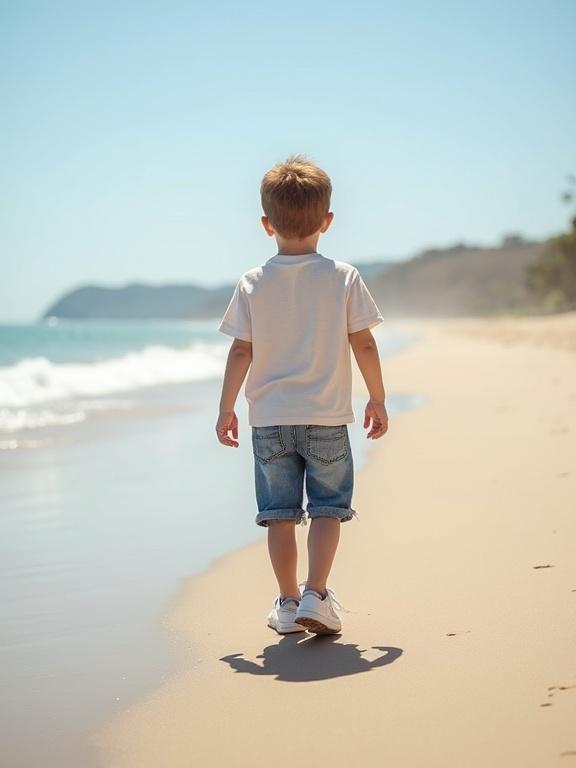 Little boy walks along sandy beach. He wears light cotton t-shirt and denim shorts. He has sneakers. The scene captures the warmth of summer.