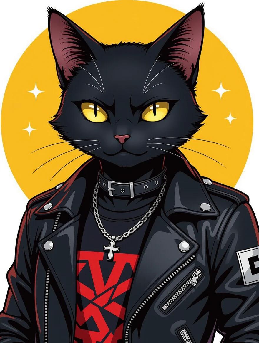 Anime artwork featuring a black cat dressed in a leather jacket and band t-shirt. Character displays a cool and confident persona. Style is vibrant and highly detailed, typical of studio anime visuals. The cat has striking yellow eyes and stands against a bright yellow background.