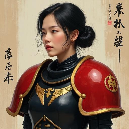 Portrait of a young woman in black and red power armor. Detailed digital painting with visible brushstrokes. Mid-length dark hair styled back. She has a gentle yet resolute expression. Large red pauldrons with gold Aquila. Black chest plate with gold detailing. Background has textured cream wall and vertical calligraphy. Soft lighting creates a serene mood.