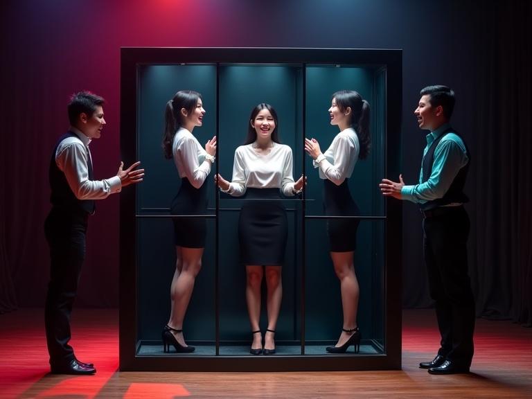 Dramatic stage illusion featuring a woman in a magician's box. The box has transparent panels. She wears a white blouse and black skirt. Her legs in pantyhose and heels. Her hands are cuffed. The magician stands beside her with a saw. The stage has colorful lighting. Excitement and suspense fill the atmosphere.