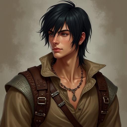Depicts a male character with an inverted triangle build and honey skin. Short jet black hair is styled with a long side-swept fringe. He has hazel almond-shaped eyes and a heart-shaped face. The character shows six-pack abs and wears medieval fantasy clothing, including a tunic and leather. Accessories include a beaded necklace and a medieval backpack. The character has a humorous, mischievous, protective personality with hidden emotions.