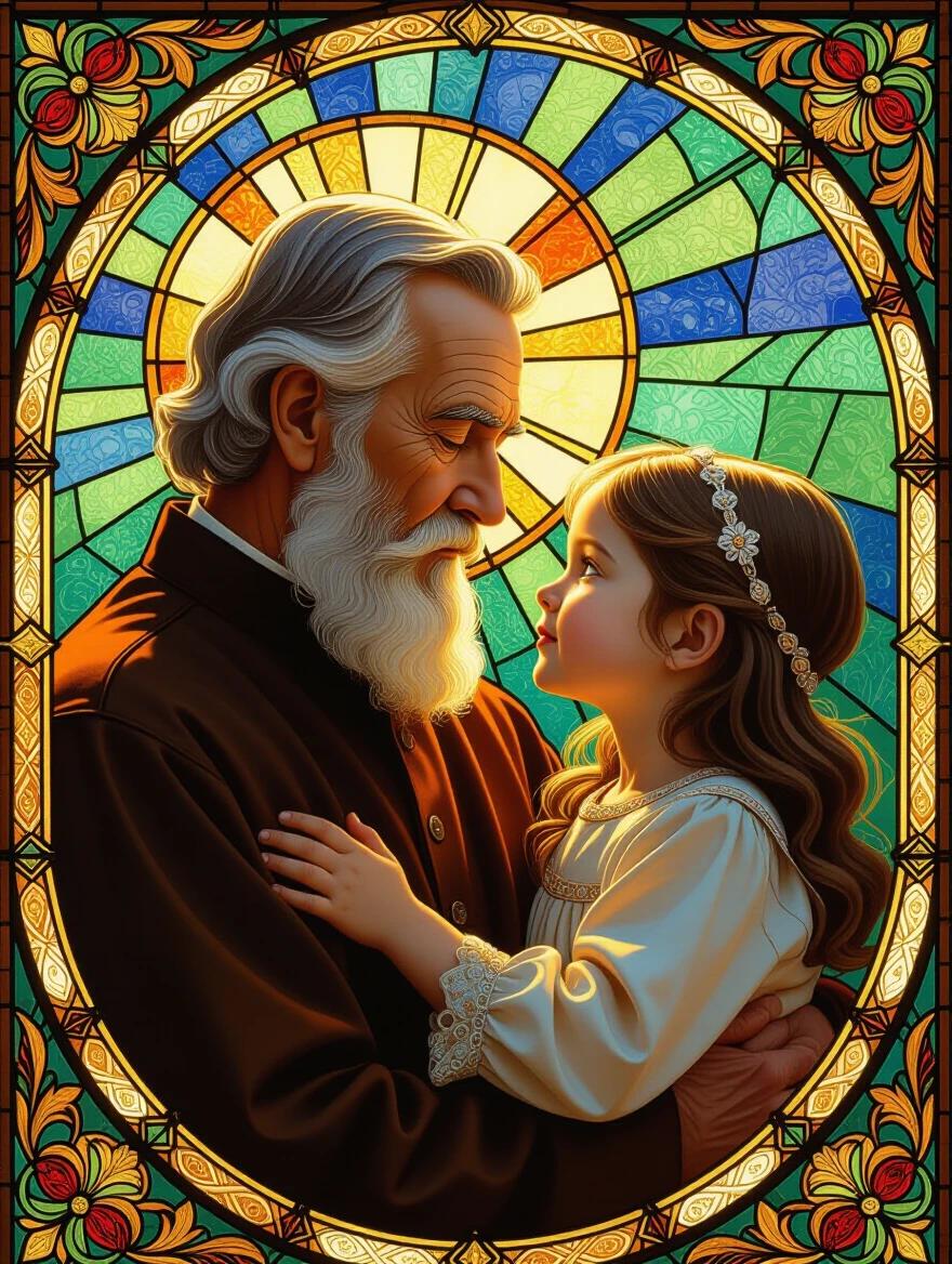 Portrait of an older man holding a little girl. Background features intricate stained glass design. Glow from radiating light through glass. Rich color saturation. Elements depict spiritual symbolism. Artwork inspired by historical artistic movements. Captivating story told through the embrace.
