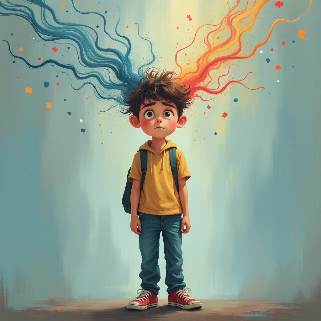 The image features a young boy with disheveled hair standing in a relaxed posture. He has a look of concern yet wonder on his face, indicating a conflict of emotions. Vibrant streams of blue and orange hair-like elements emerge from the top of his head, representing thoughts or feelings. He wears a yellow hoodie, jeans, and red sneakers, embodying a youthful casual style. The background is a soft blue, creating a contrast with the bright colors. This artwork captures the essence of individuality and emotional complexity in a modern setting.