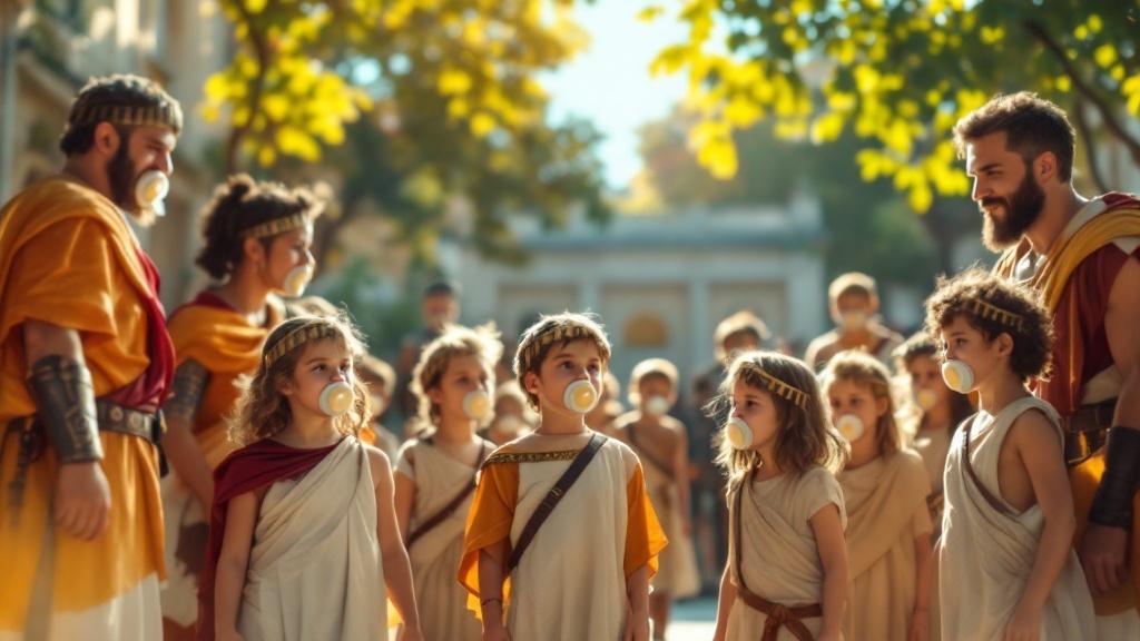 A sunny playground setting with children dressed in Roman slave costumes engages in playful interactions. The scene is whimsical with pacifiers styled on children. Adult teachers are portrayed as Roman guards. The children appear to be in a playful scenario with a light-hearted vibe.