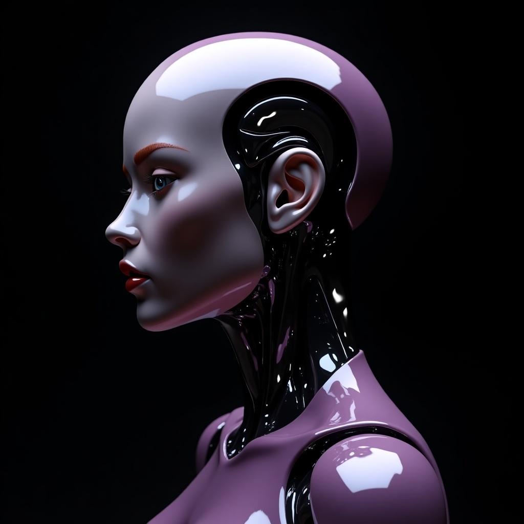 Humanoid robot design, featuring a blend of human and robotic elements. High gloss and cinematic 3D design. Set on a black background, evoking a deep space atmosphere. The robot showcases deep purple, silver, and black tones, emphasizing luxury and beauty.