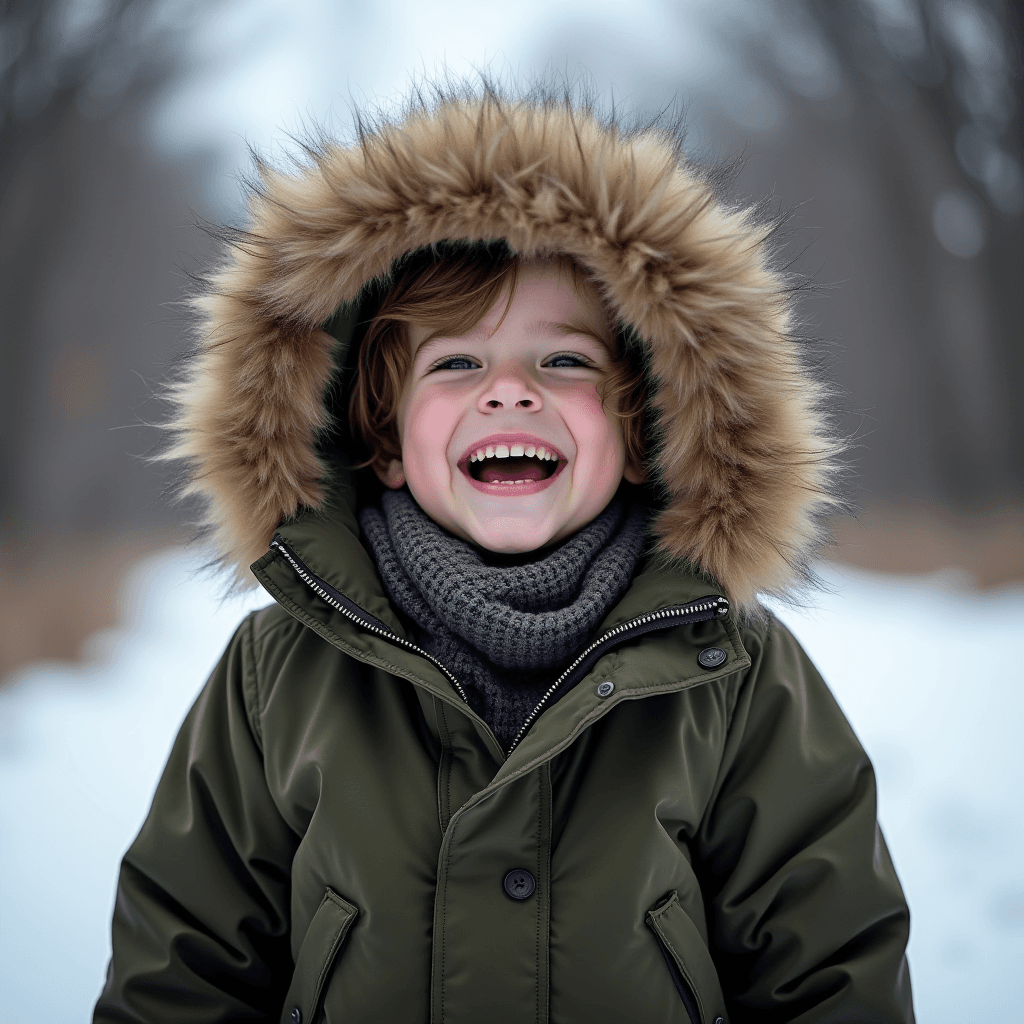 A child is happily smiling in a snowy landscape, dressed warmly in a coat with a furry hood.