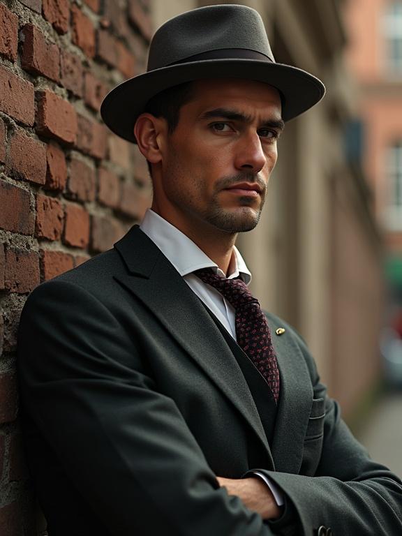 An Italian man in a suit and hat posing against a brick wall. The expression is serious. The attire is stylish and formal. The background is urban. The lighting is soft and natural.