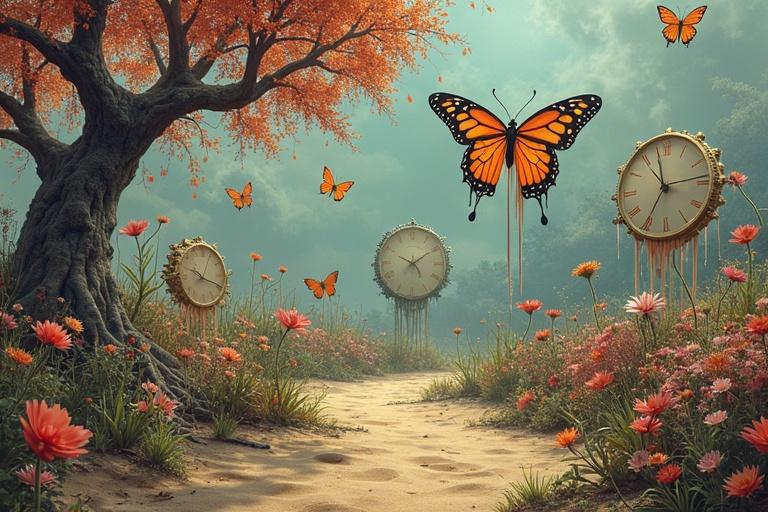 A surreal garden where melting clocks grow like flowers. Clocks drip liquid time that nourishes crystalline plants. Butterflies with wings made of hands represent different times. A giant tree has a trunk of gears and leaves of minutes. Sand paths change direction mysteriously.