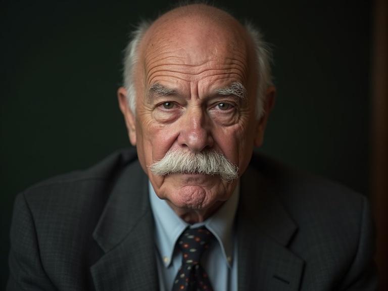 Amateur photo of a serious stocky elderly professor. Bald male with a white mustache. The individual wears a dark suit and tie. Soft background indicates university setting. Image captures wisdom and experience of age.