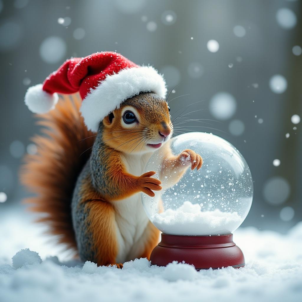 A squirrel wearing a red Christmas hat is happily holding an empty snow globe filled with snow. The background is a serene winter setting with soft falling snowflakes.