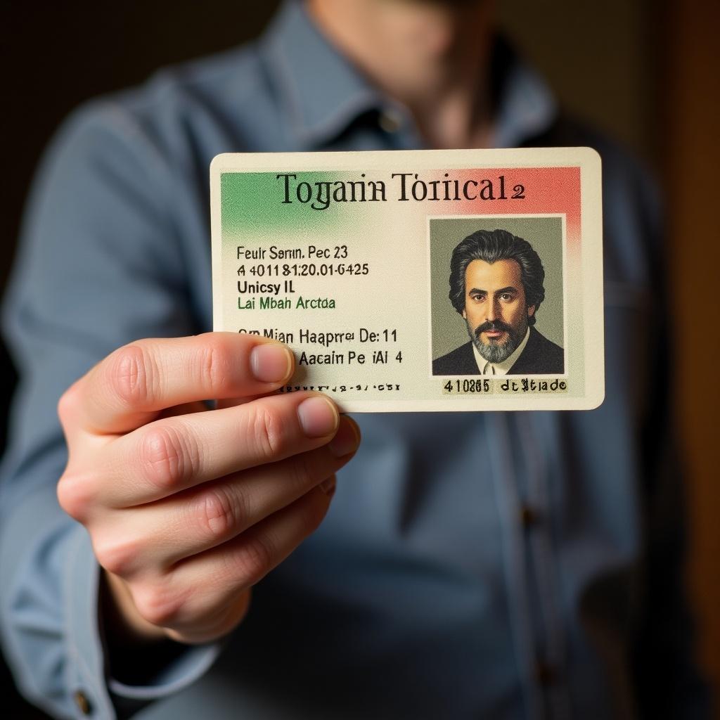 Italian identity card displayed by a man. Card has colors of the Italian flag. The card is held in a hand. Close-up view of the card.