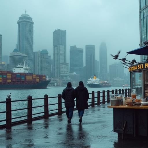 Rainy afternoon at Canada Place Pier featuring container ships on misty waters. City’s glass high-rises reflect gray sky. Seagulls perch on rusted railings. A couple in raincoats walks past a fish and chips stand with steam rising from paper cones.
