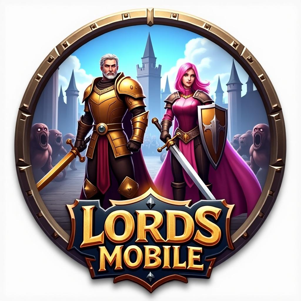 The image features a dynamic representation of the mobile game Lords Mobile. At the center, two iconic heroes stand prominently: the Oath Keeper in golden armor and the Rose Knight in striking pink armor, both wielding weapons. Behind them lies a dramatic battlefield, showcasing a castle and lurking monsters that enhance the epic atmosphere of the scene. The Lords Mobile logo, designed in eye-catching metallic hues, rests at the bottom of the badge, framing the illustration perfectly. This design utilizes a vibrant color palette, combining shades of gold, pink, and blue. The result is an engaging image that captivates the fantasy and gaming audience.