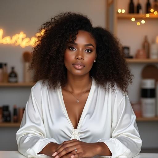 A hyper-realistic portrait of an Ethiopian woman at her vanity. Hands resting on the tabletop. Caramel-toned skin with visible pores. Voluminous wet-look curly hair with bangs. Expressive dark eyes and full lips. Clean minimal makeup. Wearing a silky white blouse with a front bow. Dressing room background with makeup organizers and beauty products. Neon cursive wall sign and fairy lights. Shot from the waist up on a 50mm lens with film-style grain and warm ambient lighting.