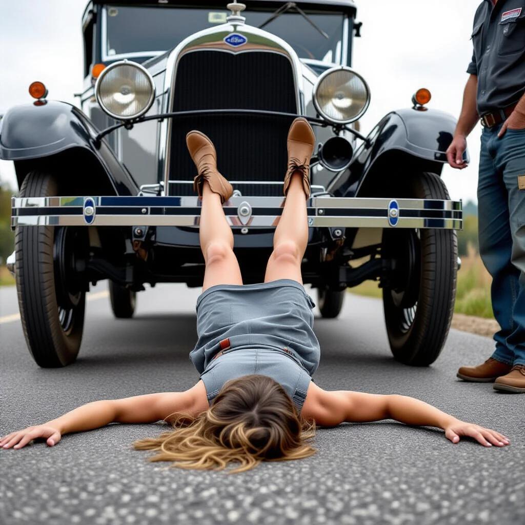 A vintage 1928 Ford Model A is parked on a roadside. A woman mechanic lies on the asphalt under the car with only her legs visible. Oil stains on the ground. A companion stands near the bumper. The photograph captures a moment during a car repair with a vintage feel.