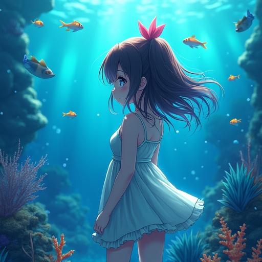 Anime girl standing underwater in an aquarium surrounded by fish. She has long hair with a pink flower. Background features underwater plants and vibrant fish.