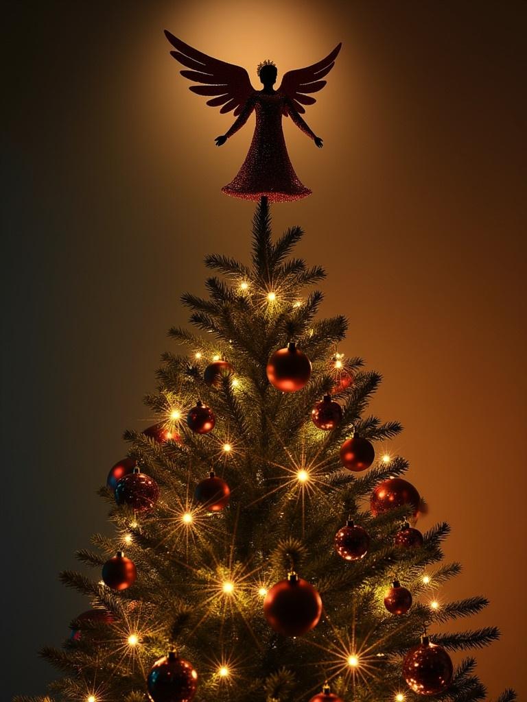 Image of a beautifully decorated Christmas tree with ornaments and lights visible. There is a kwanzaa kinara in the background, featuring an angel at the top of the tree.