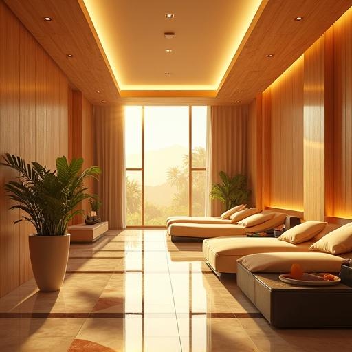 Anime inspired depiction of a futuristic sauna within an oversized luxury mansion. The setting features a spacious interior with ample sunlight pouring in. Light gold and onyx black color scheme. Emphasis on comfort and modern design.