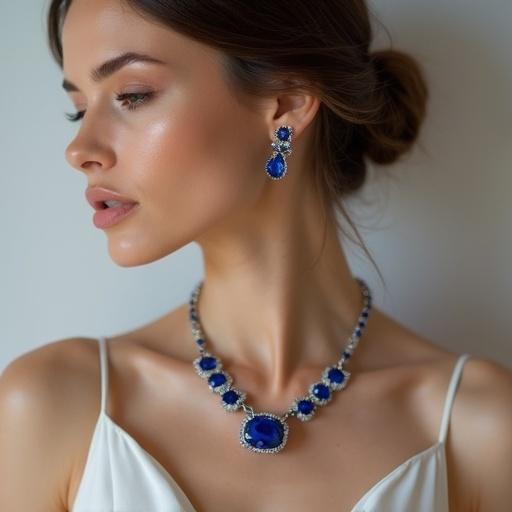 Female model with sapphire jewelry. Close-up of necklace and earrings. Soft lighting with neutral background. Minimal makeup focusing on jewelry. Polished high-fashion look.