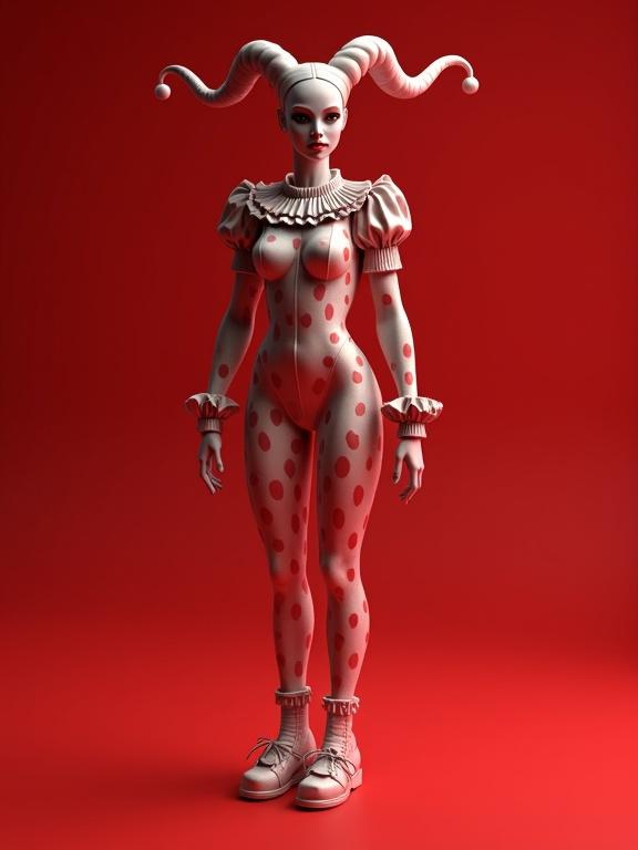 3D miniature female harlequin in a surreal Droste effect arranged on a red background. Hyper-realistic rendering with soft natural lighting. Shallow depth of field with ultra-detailed textures and photorealism.