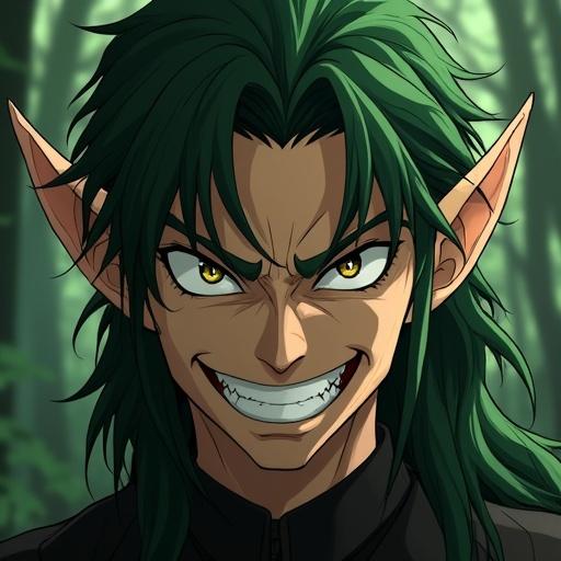 Close-up portrait of a male elf with a wrathful grin and intense eyes. Insane expression. Dark green hair, detailed forest background. Strong contrast lighting. Anime style, high detail.