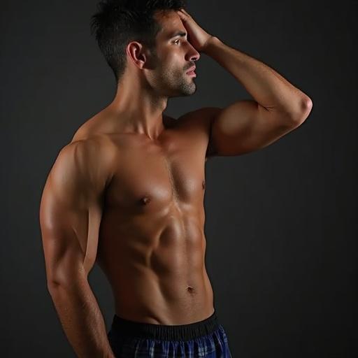 Athletic man in boxers posing on a bed. He is extending his arm invitingly to the viewer. Strong and fit appearance. Low-key lighting emphasizes his muscles. Body positioned slightly side-on.