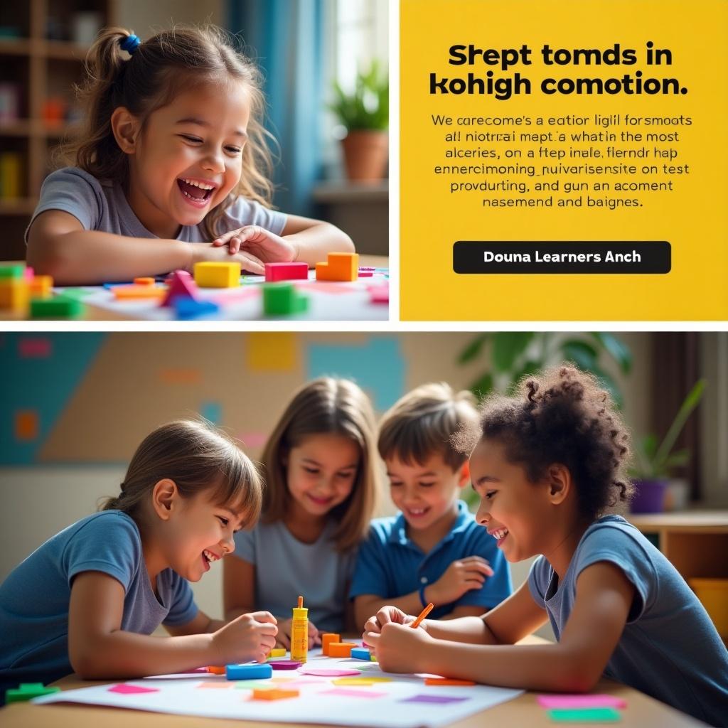 A lively scene displaying children happily engaged in collaborative activities. The atmosphere is cheerful, emphasizing the joy of discovering and learning. Colorful materials are spread out on a table as they work together.